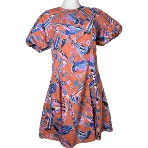 Banjanan Vibrant Bird Print Puff Sleeve Mini Dress with Pockets Sz Large